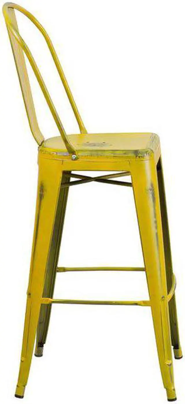 Alt view image 6 of 20 - Commercial Grade 30" High Distressed Yellow Metal Indoor-Outdoor Barstool with Back