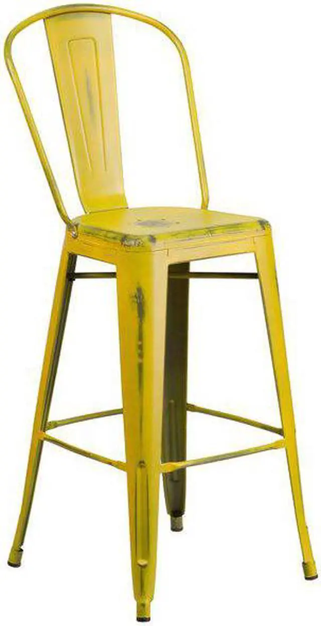 Alt view image 5 of 20 - Commercial Grade 30" High Distressed Yellow Metal Indoor-Outdoor Barstool with Back