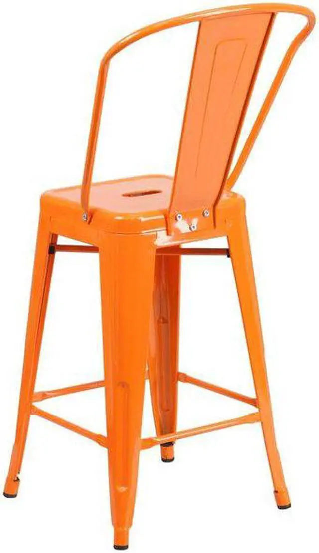 Alt view image 7 of 19 - Commercial Grade 24" High Orange Metal Indoor-Outdoor Counter Height Stool with Removable Back