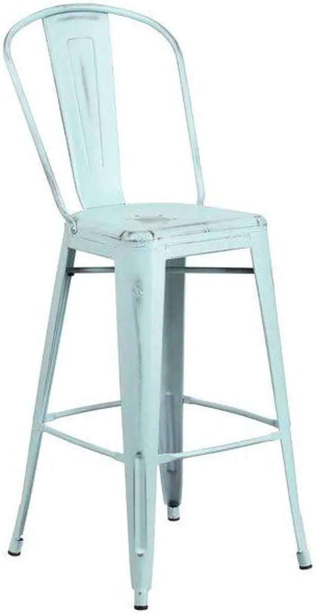 Alt view image 2 of 18 - Commercial Grade 30" High Distressed Green-Blue Metal Indoor-Outdoor Barstool with Back