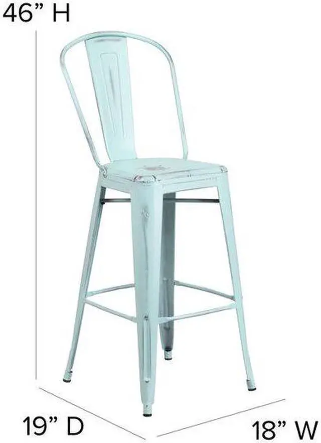 Alt view image 3 of 18 - Commercial Grade 30" High Distressed Green-Blue Metal Indoor-Outdoor Barstool with Back