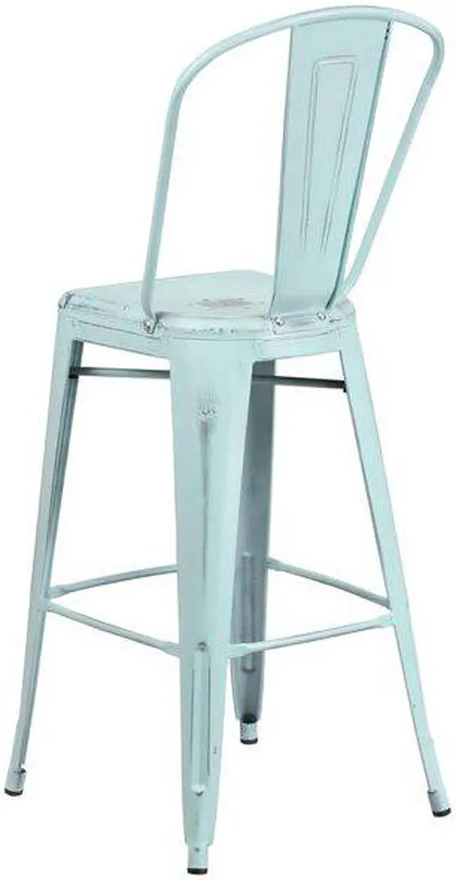 Alt view image 7 of 18 - Commercial Grade 30" High Distressed Green-Blue Metal Indoor-Outdoor Barstool with Back