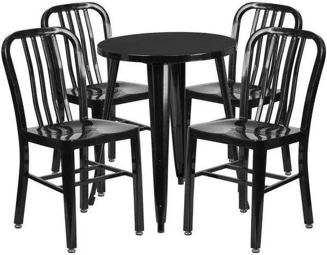 Alt view image 2 of 11 - 24'' Round Black Metal Indoor-Outdoor Table Set with 4 Vertical Slat Back Chairs