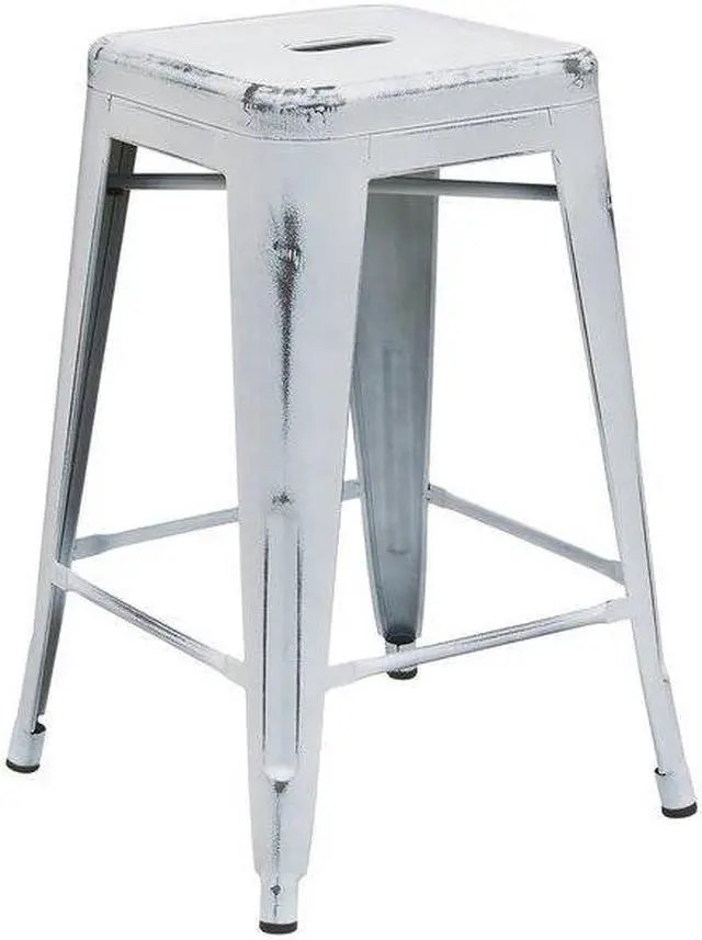 Alt view image 2 of 12 - Commercial Grade 24" High Backless Distressed White Metal Indoor-Outdoor Counter Height Stool