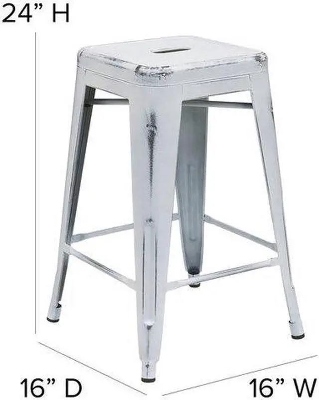 Alt view image 3 of 12 - Commercial Grade 24" High Backless Distressed White Metal Indoor-Outdoor Counter Height Stool