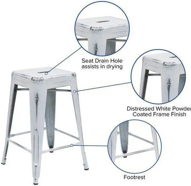 Alt view image 7 of 12 - Commercial Grade 24" High Backless Distressed White Metal Indoor-Outdoor Counter Height Stool