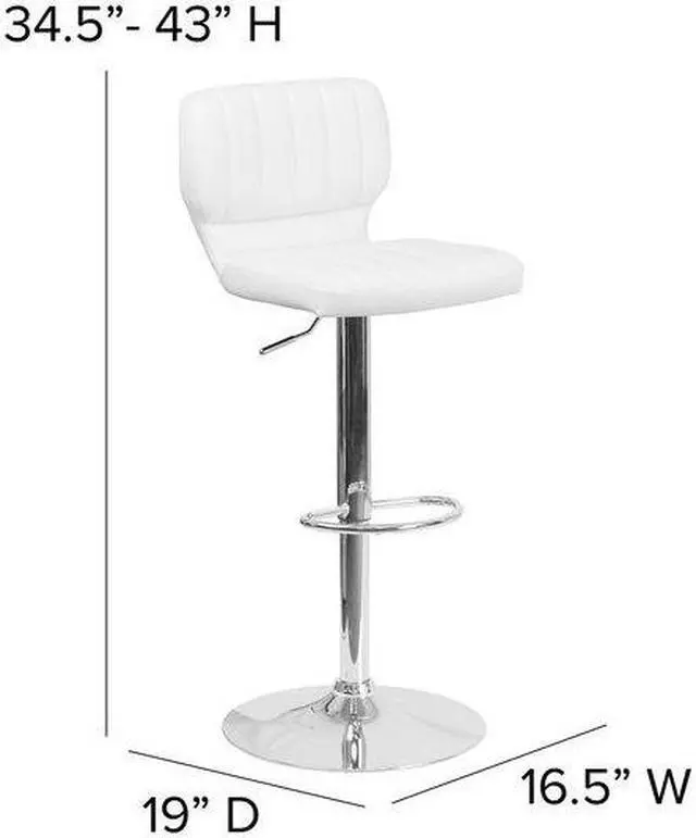 Alt view image 9 of 20 - Contemporary White Vinyl Adjustable Height Barstool with Vertical Stitch Back and Chrome Base
