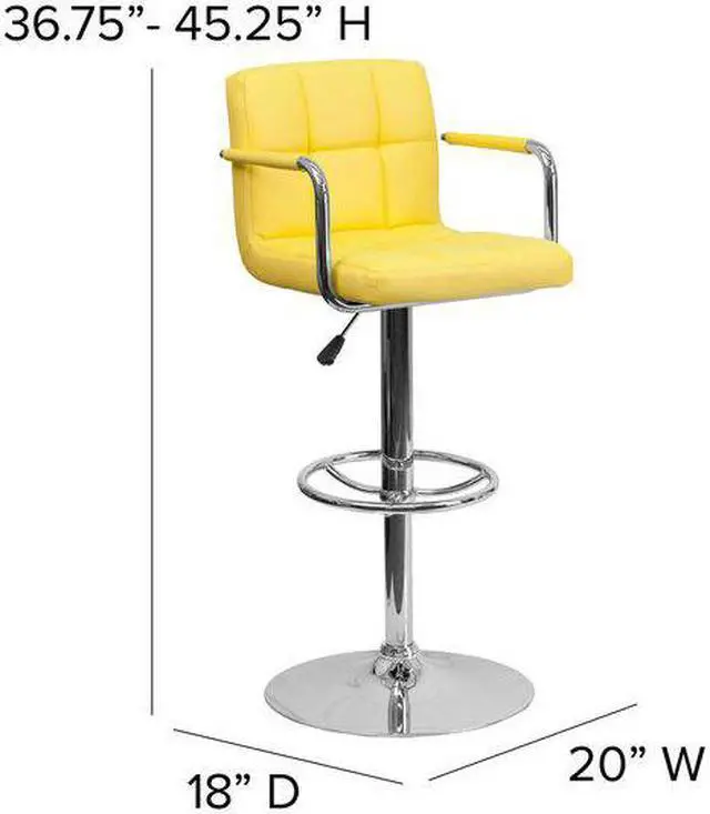 Alt view image 3 of 8 - 2 Pk. Contemporary Yellow Quilted Vinyl Adjustable Height Barstool with Arms and Chrome Base