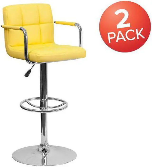 Alt view image 4 of 8 - 2 Pk. Contemporary Yellow Quilted Vinyl Adjustable Height Barstool with Arms and Chrome Base
