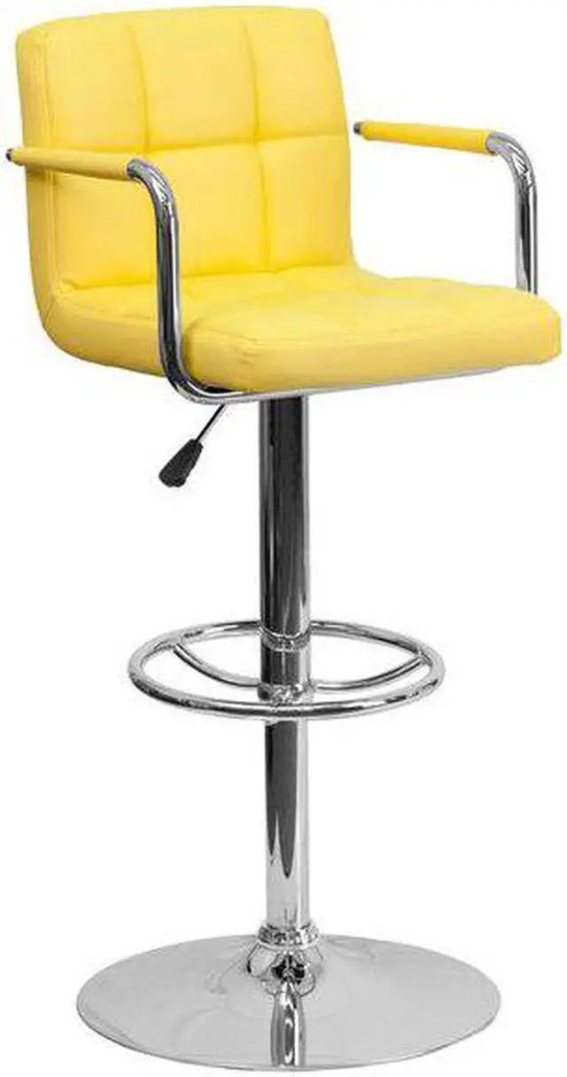 Alt view image 8 of 8 - 2 Pk. Contemporary Yellow Quilted Vinyl Adjustable Height Barstool with Arms and Chrome Base
