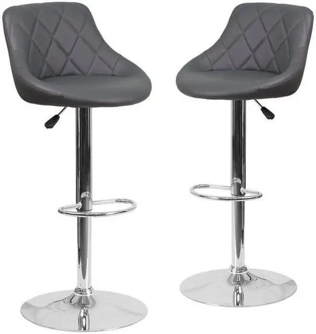 Alt view image 3 of 15 - 2 Pk. Contemporary Gray Vinyl Bucket Seat Adjustable Height Barstool with Chrome Base