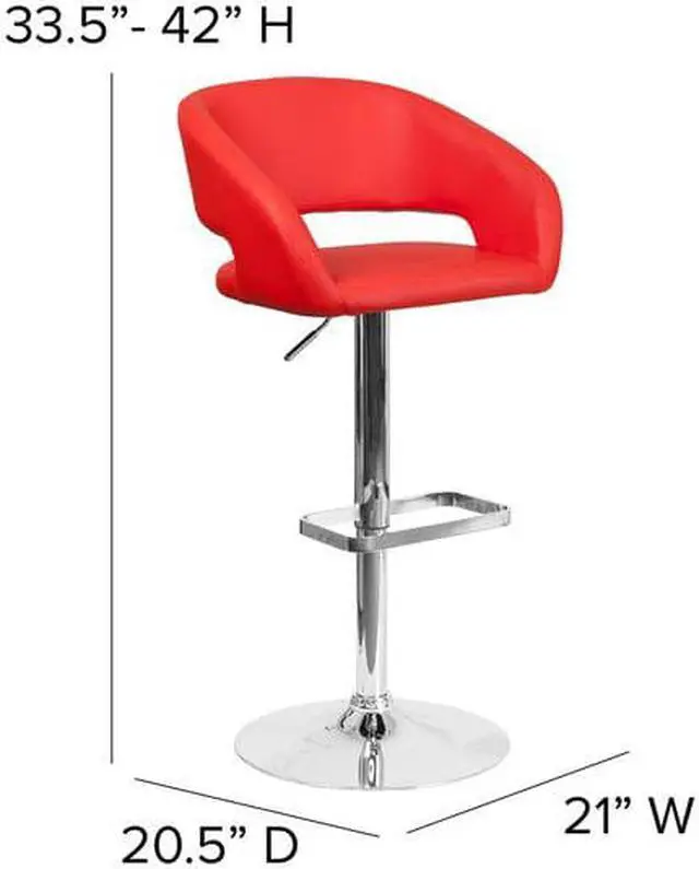 Alt view image 11 of 20 - Contemporary Red Vinyl Adjustable Height Barstool with Rounded Mid-Back and Chrome Base