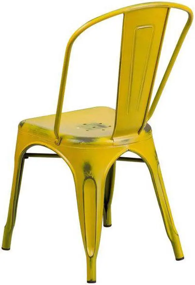 Alt view image 11 of 19 - Commercial Grade Distressed Yellow Metal Indoor-Outdoor Stackable Chair