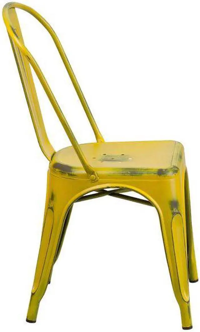 Alt view image 10 of 19 - Commercial Grade Distressed Yellow Metal Indoor-Outdoor Stackable Chair