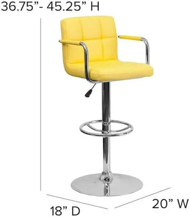 Alt view image 13 of 20 - Flash Furniture Contemporary Yellow Quilted Vinyl Adjustable Height Bar Stool with Arms and Chrome Base