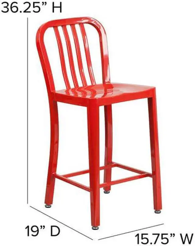 Alt view image 6 of 20 - Commercial Grade 24" High Red Metal Indoor-Outdoor Counter Height Stool with Vertical Slat Back