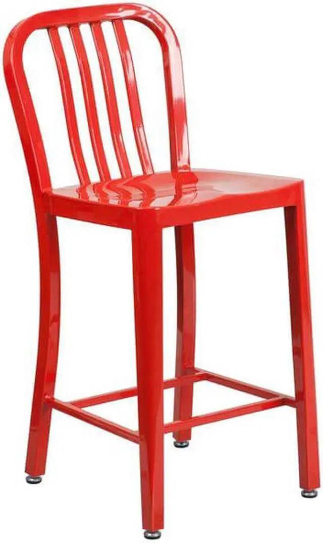 Alt view image 9 of 20 - Commercial Grade 24" High Red Metal Indoor-Outdoor Counter Height Stool with Vertical Slat Back