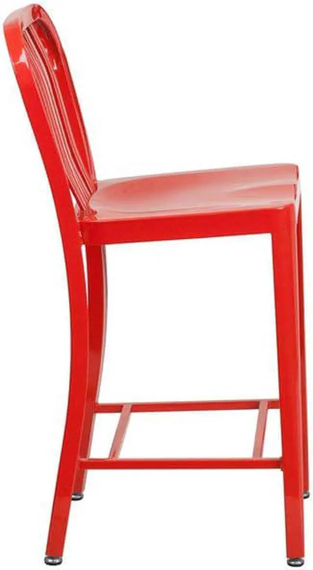Alt view image 10 of 20 - Commercial Grade 24" High Red Metal Indoor-Outdoor Counter Height Stool with Vertical Slat Back