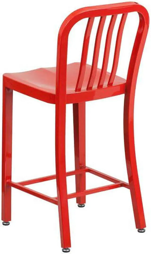 Alt view image 11 of 20 - Commercial Grade 24" High Red Metal Indoor-Outdoor Counter Height Stool with Vertical Slat Back