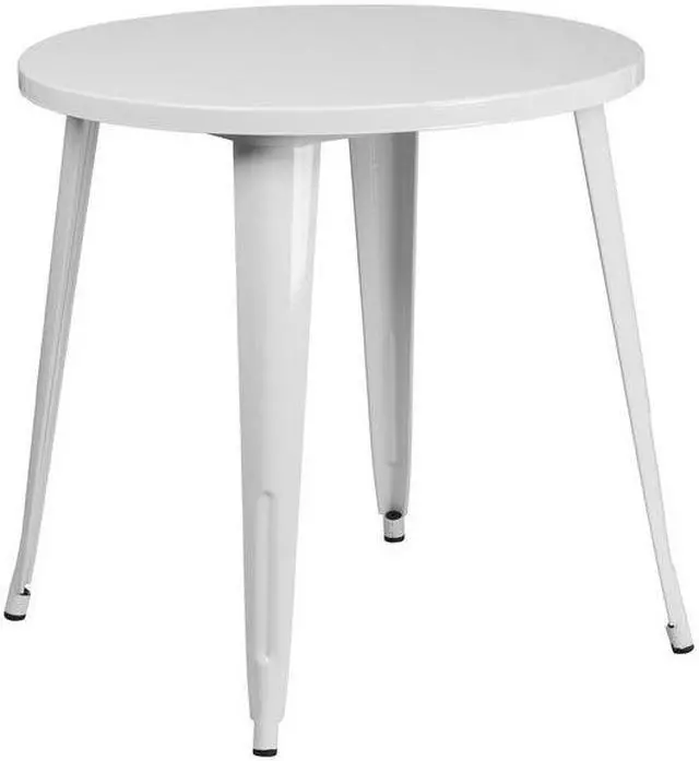 Alt view image 5 of 7 - 30'' Round White Metal Indoor-Outdoor Table Set with 4 Vertical Slat Back Chairs