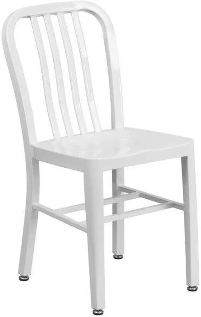 Alt view image 6 of 7 - 30'' Round White Metal Indoor-Outdoor Table Set with 4 Vertical Slat Back Chairs