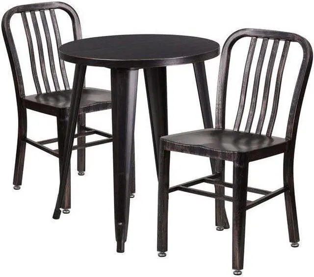 Alt view image 3 of 12 - Flash Furniture Napoleon Indoor-Outdoor 24" Round Table Set with 2 Vertical Slat Back Chairs Black-Antique Gold (CH518TH218VBQ)