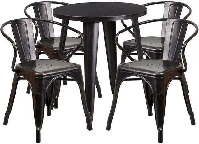 Alt view image 3 of 13 - Flash Furniture Chauncey Indoor-Outdoor 24" Round Table Set with 4 Arm Chairs Black-Antique Gold Metal (CH518TH418ABQ)