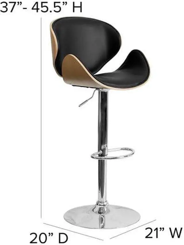 Alt view image 11 of 20 - Beech Bentwood Adjustable Height Barstool with Curved Back and Black Vinyl Seat