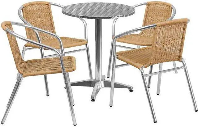 Alt view image 2 of 20 - 23.5'' Round Aluminum Indoor-Outdoor Table Set with 4 Beige Rattan Chairs