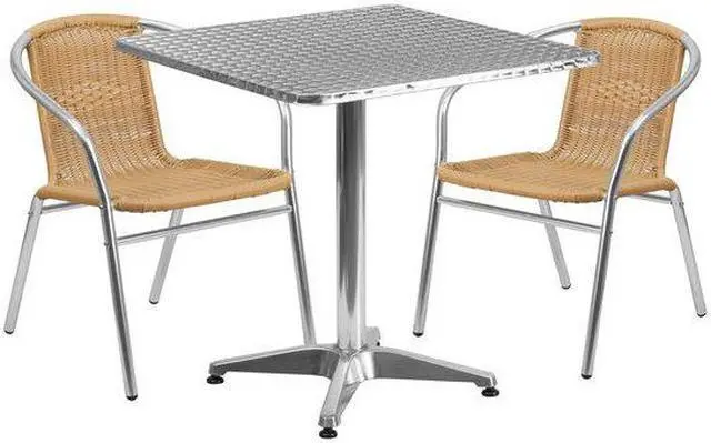 Alt view image 2 of 19 - 27.5'' Square Aluminum Indoor-Outdoor Table Set with 2 Beige Rattan Chairs