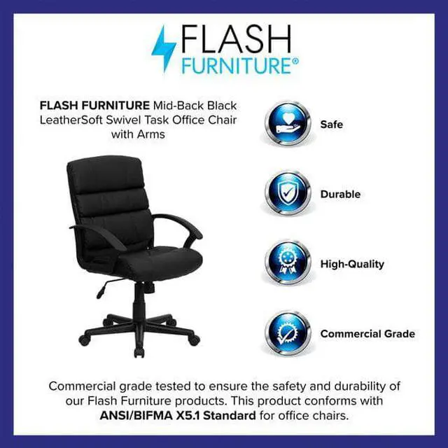 Alt view image 6 of 17 - Mid-Back Black LeatherSoft Swivel Task Office Chair with Arms