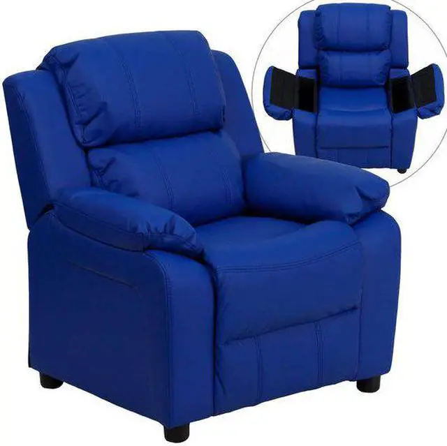 Alt view image 10 of 20 - Deluxe Padded Contemporary Blue Vinyl Kids Recliner with Storage Arms