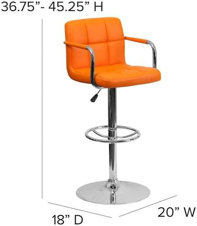 Alt view image 16 of 20 - Contemporary Orange Quilted Vinyl Adjustable Height Barstool with Arms and Chrome Base