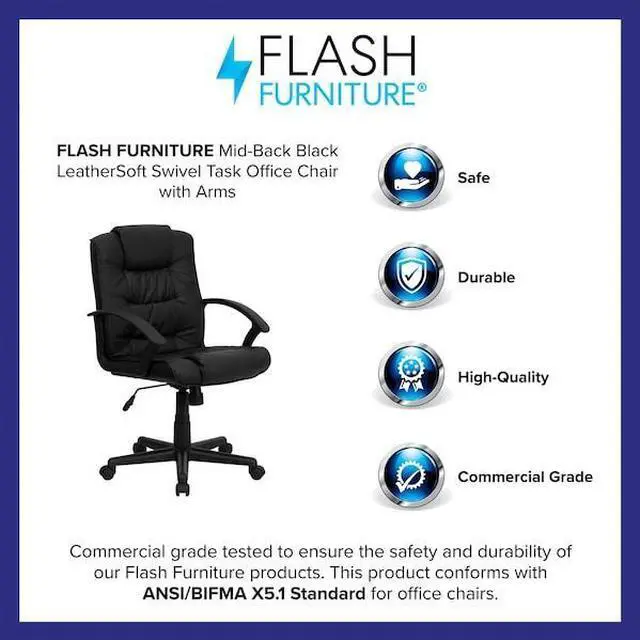 Alt view image 16 of 20 - Mid-Back Black Leather Swivel Task Chair with Arms