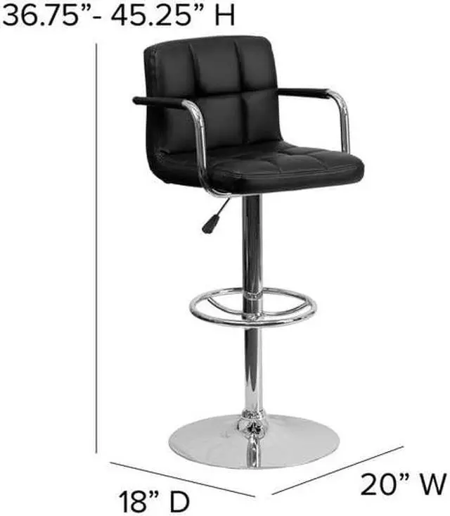 Alt view image 4 of 8 - 2 Pk. Contemporary Black Quilted Vinyl Adjustable Height Barstool with Arms and Chrome Base