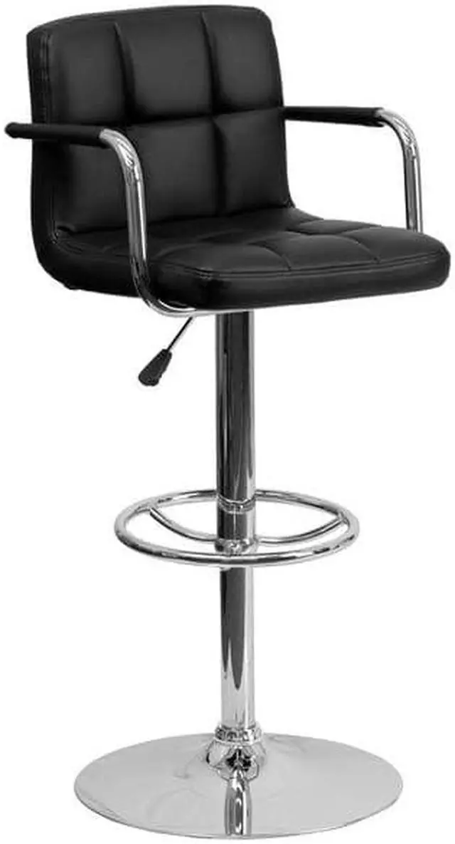 Alt view image 8 of 8 - 2 Pk. Contemporary Black Quilted Vinyl Adjustable Height Barstool with Arms and Chrome Base