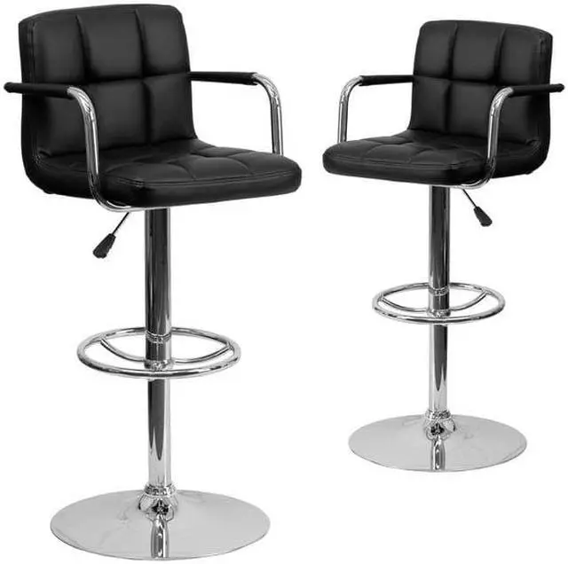 Alt view image 3 of 8 - 2 Pk. Contemporary Black Quilted Vinyl Adjustable Height Barstool with Arms and Chrome Base