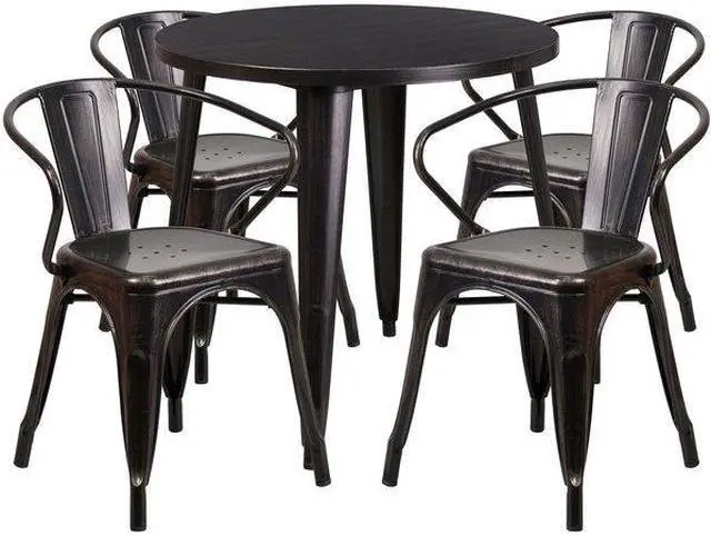 Alt view image 3 of 12 - 30'' Round Black-Antique Gold Metal Indoor-Outdoor Table Set with 4 Arm Chairs