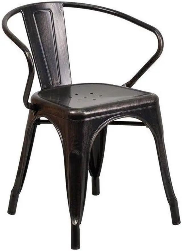 Alt view image 6 of 12 - 30'' Round Black-Antique Gold Metal Indoor-Outdoor Table Set with 4 Arm Chairs