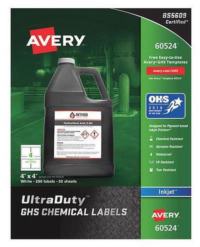 Alt view image 14 of 20 - Avery Chem Label,  4"W x 4"H, 200 Labels,  PK200 White  Synthetic Film  60524