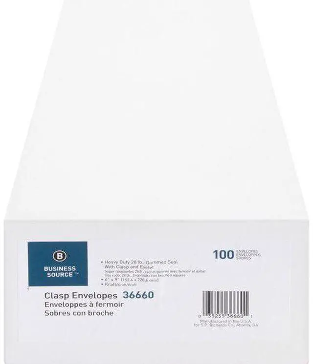 Alt view image 14 of 17 - Business Source Clasp Envelopes 28 lb. 6"x9" 100/BX Brown Kraft 36660