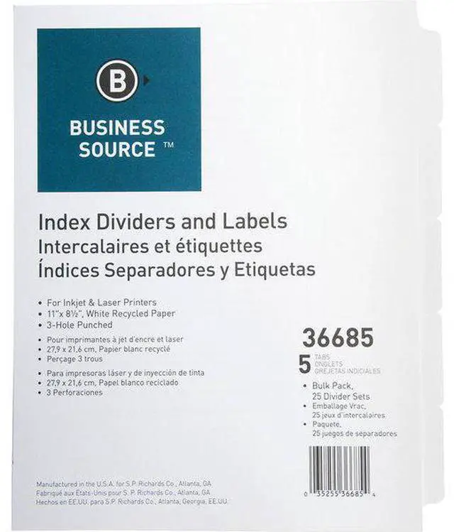 Alt view image 8 of 8 - Business Source Index Dividers 3HP 5-Tab 25 ST/PK 11"x8-1/2" White 36685