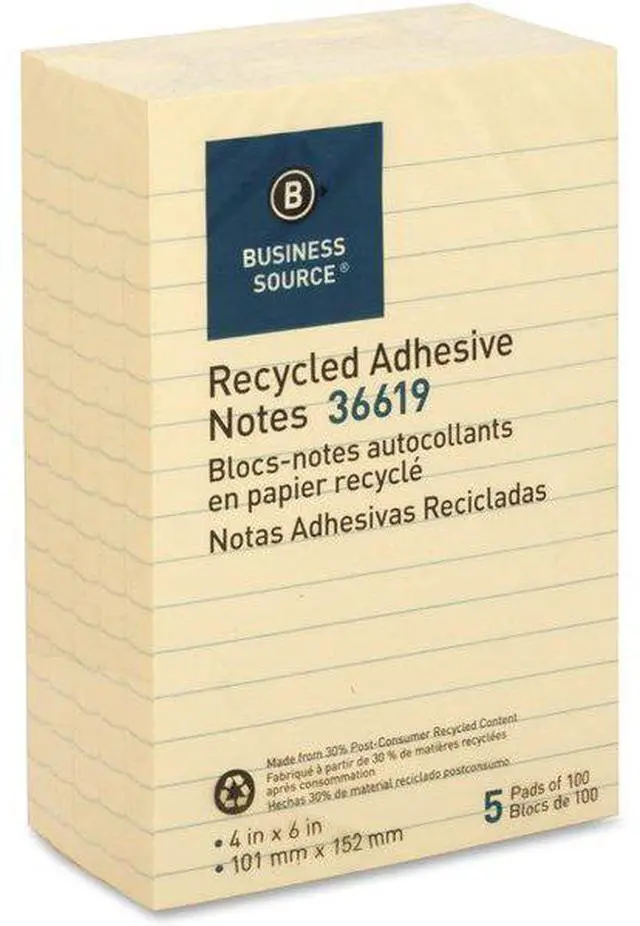 Alt view image 13 of 13 - Business Source Recycled Adhesive Note Pads Lined 4"x6" 5/PK Yellow 36619