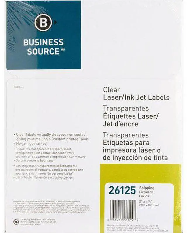 Alt view image 8 of 9 - Business Source Shipping Labels Laser Permanent 2"x4-1/4" 500/PK Clear 26125