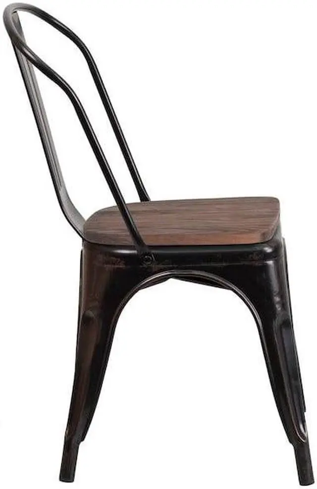 Alt view image 13 of 19 - Black-Antique Gold Metal Stackable Chair with Wood Seat