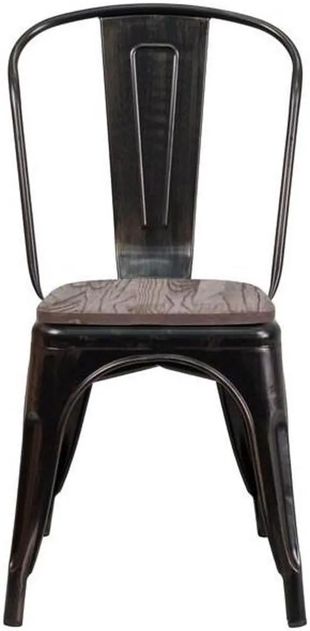 Alt view image 15 of 19 - Black-Antique Gold Metal Stackable Chair with Wood Seat