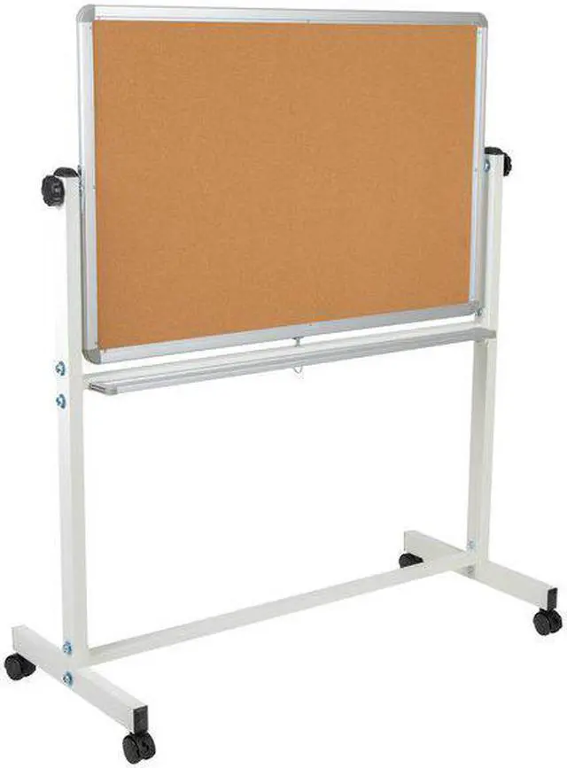 Alt view image 19 of 20 - HERCULES Series 45.25"W x 54.75"H Reversible Mobile Cork Bulletin Board and White Board with Pen Tray
