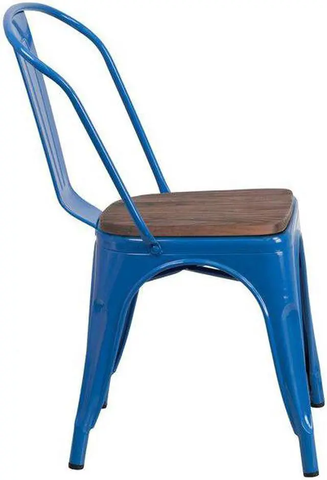 Alt view image 11 of 17 - Blue Metal Stackable Chair with Wood Seat