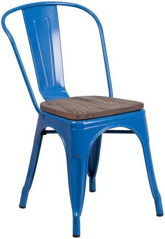 Alt view image 9 of 17 - Blue Metal Stackable Chair with Wood Seat