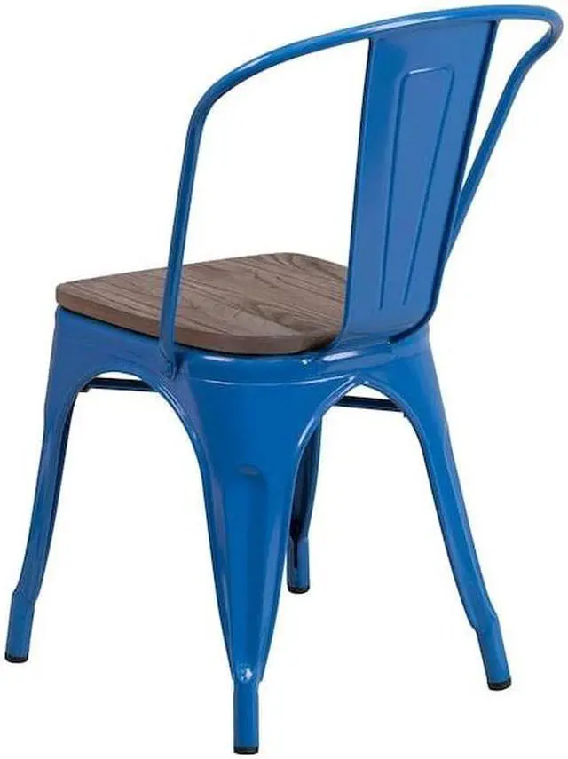 Alt view image 12 of 17 - Blue Metal Stackable Chair with Wood Seat